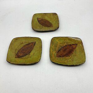 Vintage Bread‎ Plate Glazed Ceramic Curved Square Green Brown Leaf Lot Of 3